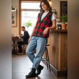 Vintage Pitlochry Scotland Wool  Argyle Red Sweater Vest Cardigan M Christmas